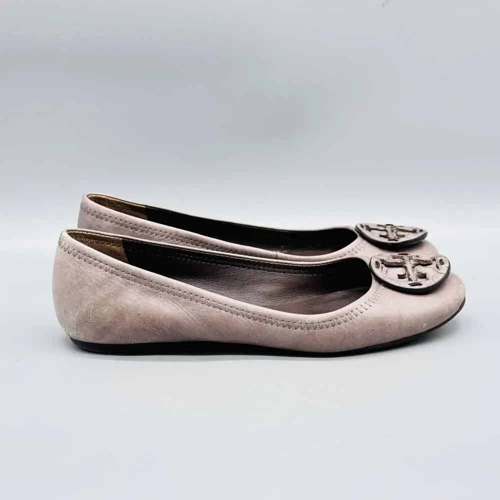 Tory Burch Shoes Womens 6 Gray Leather Slip On Ballet Flats Logo Medallion